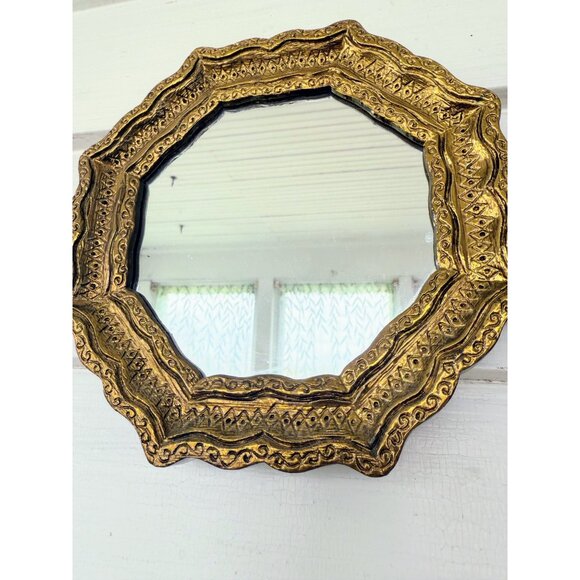 Vintage 1960s Pair of Plastic Ornate Gold Gilt Octagonal Wall Mirrors - Picture 12 of 14